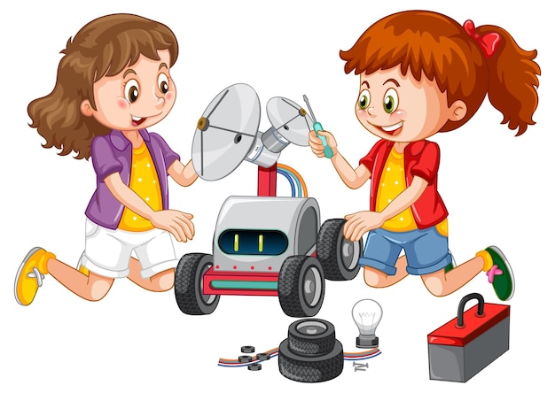 Vector gratuito niños arreglando un robot juntos sobre fondo blanco.