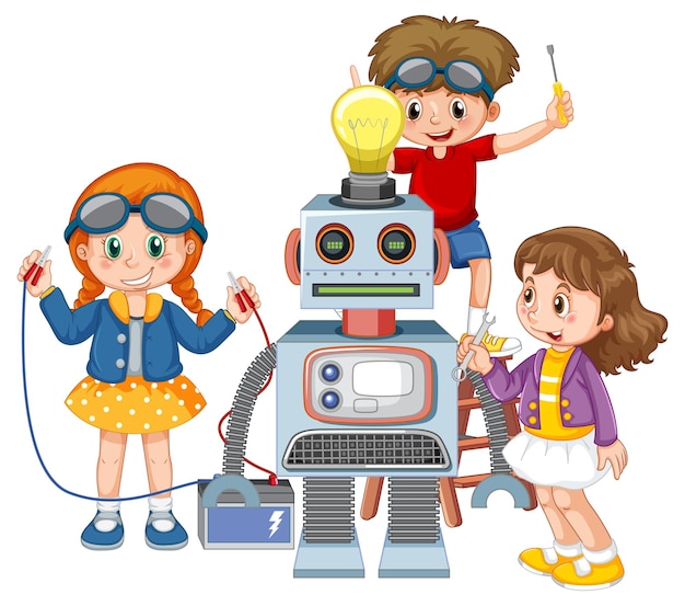 Niños arreglando un robot juntos.