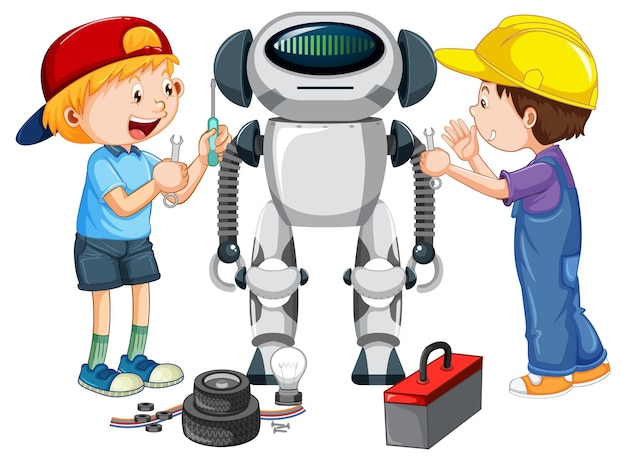 Niños arreglando un robot juntos.