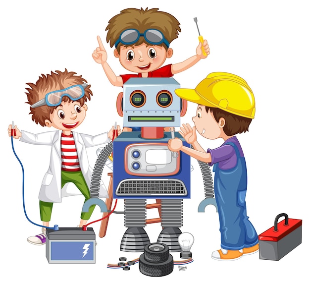 Niños arreglando un robot juntos.