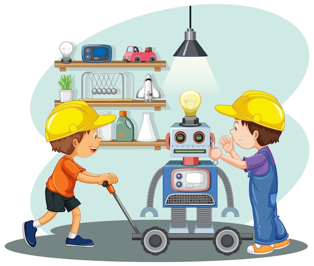 Vector gratuito niños arreglando un robot juntos.
