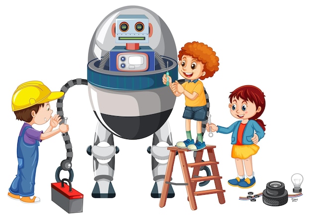 Niños arreglando un robot juntos