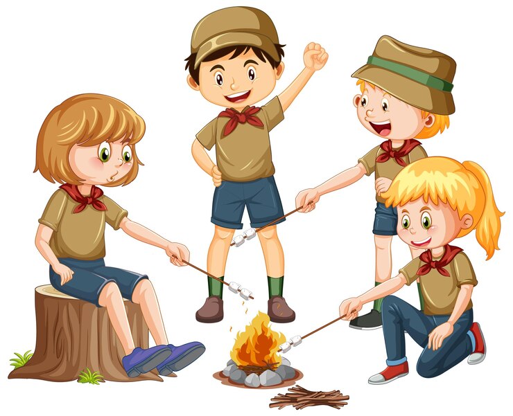Vector gratuito niños asando malvaviscos sobre fondo blanco.