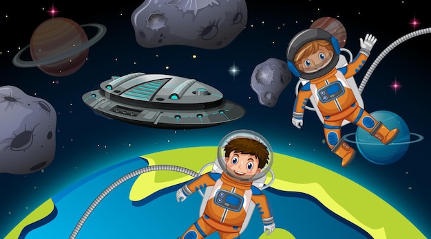 Niños astronautas en la escena espacial.