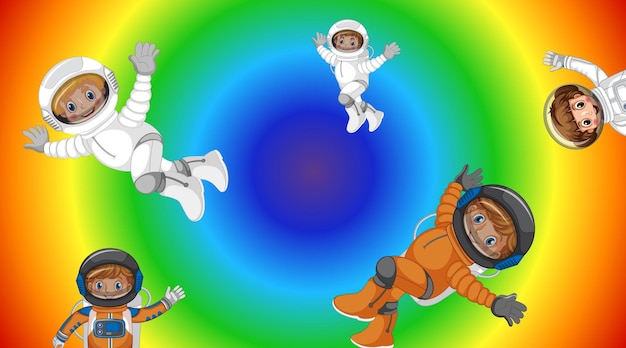 Niños astronautas volando sobre fondo degradado de arco iris