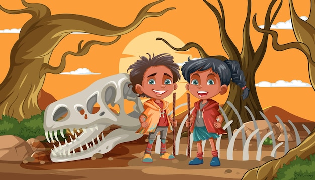 Vector gratuito los niños de la aventura descubren el fósil de un dinosaurio