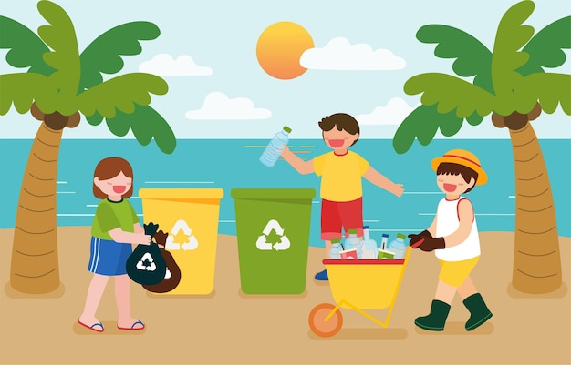 Los niños ayudan a recolectar botellas de plástico en contenedores de reciclaje en la playa para el feliz día de la tierra en un personaje de dibujos animados