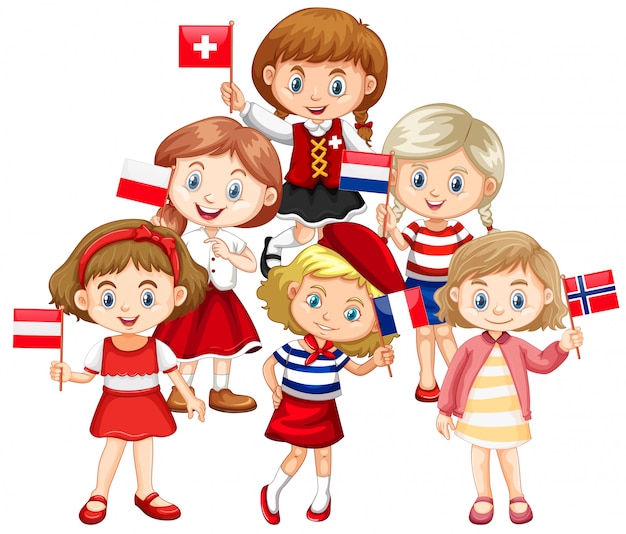 Vector gratuito niños con banderas de diferentes países.