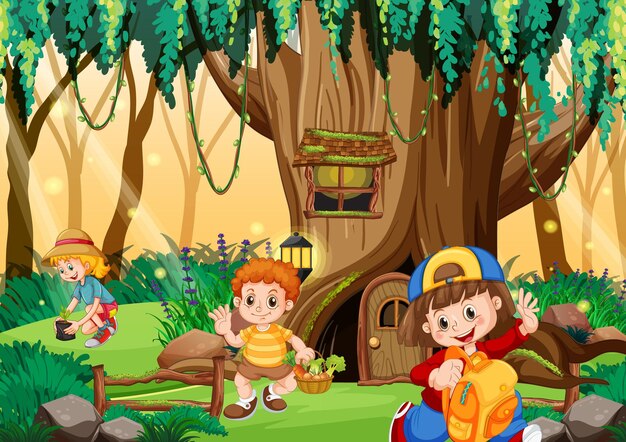Niños en un bosque encantado con un gran árbol hueco