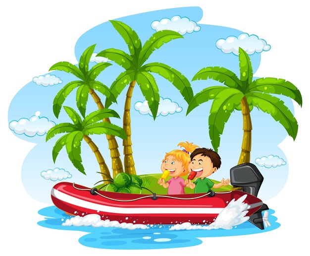 Niños en bote inflable en estilo de dibujos animados