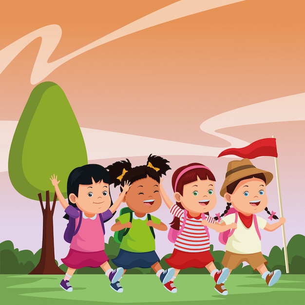 Niños y caricaturas del campamento de verano.