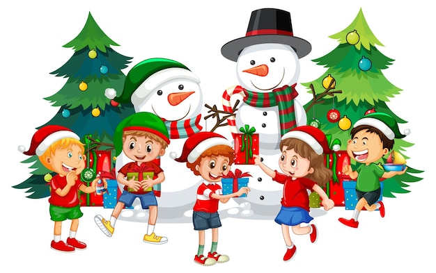 Niños celebrando la Navidad con muñeco de nieve y árbol de Navidad