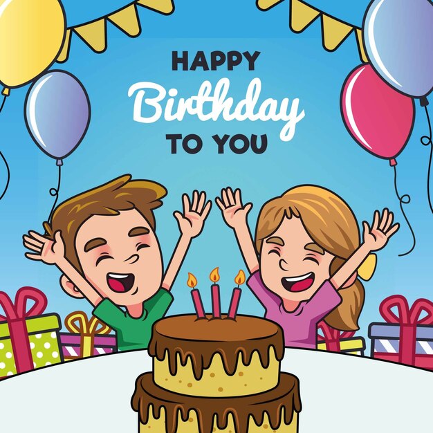 Niños celebrando su cumpleaños con pastel y globos