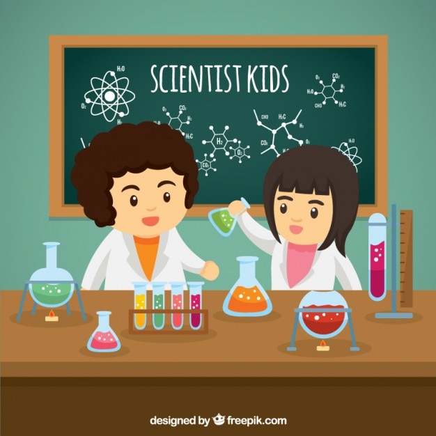 Vector gratuito niños científicos con experimentos en el laboratorio