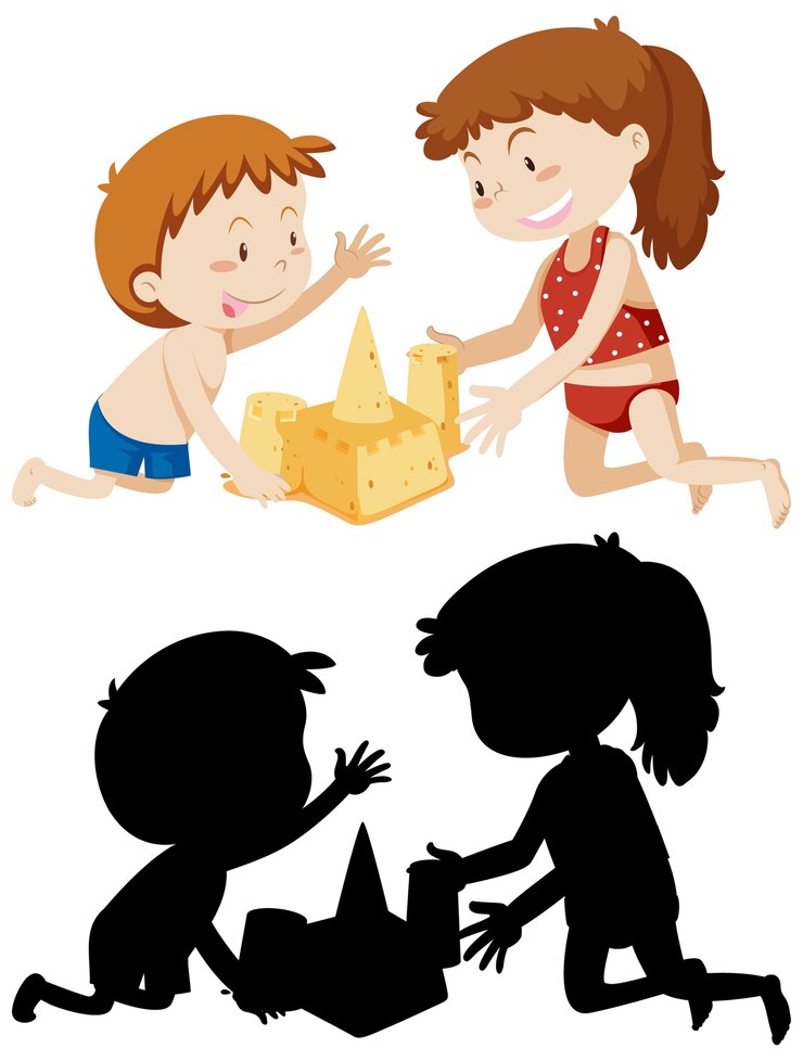 Vector gratuito niños construyendo castillos de arena en color y su silueta