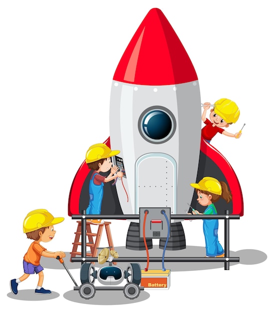 Niños construyendo cohetes juntos sobre fondo blanco.