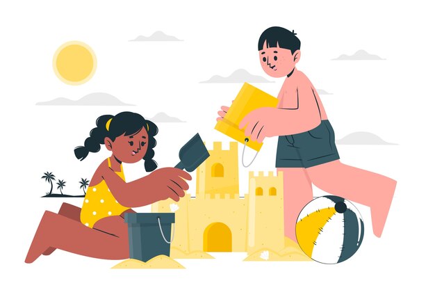 Vector gratuito niños construyendo ilustración de concepto de castillo de arena