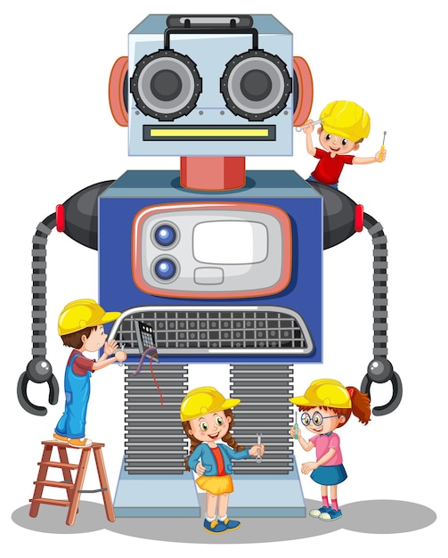 Vector gratuito niños construyendo robot juntos sobre fondo blanco.