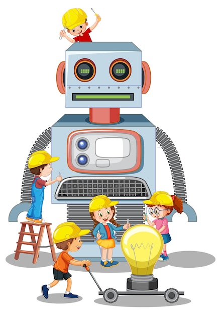 Vector gratuito niños construyendo robot juntos sobre fondo blanco.