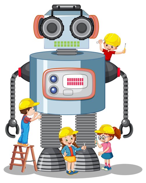 Niños construyendo robot juntos sobre fondo blanco.