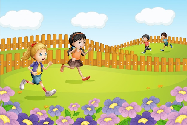 Niños corriendo en un campo | Vector Gratis