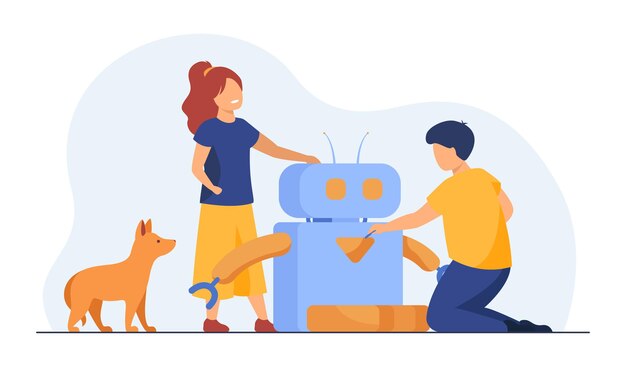 Niños creando o usando robots. Perro, máquina de alimentación de mascotas, niños. Ilustración de dibujos animados