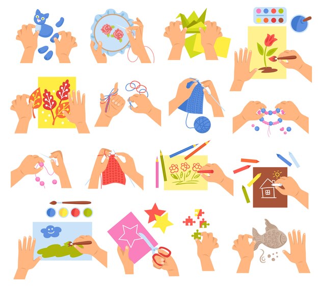 Niños creativos manos tejiendo bordando origami plegable haciendo cuentas caseras pulsera dibujo para colorear