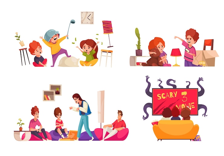 Vector gratuito los niños cuentan historias de miedo y ven películas de terror iconos de dibujos animados establecen ilustraciones vectoriales aisladas
