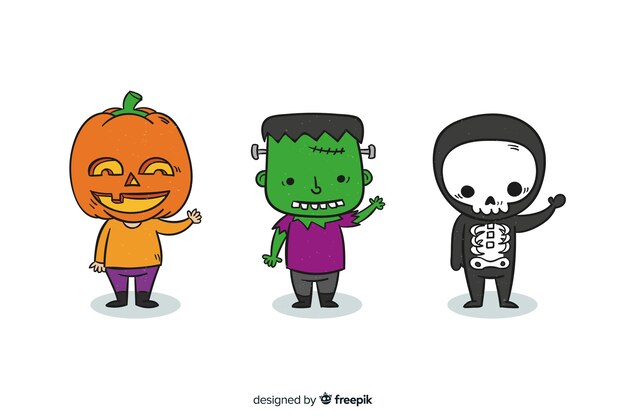 Niños dibujados a mano disfrazados de monstruos para halloween