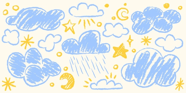 Los niños dibujan con lápices de colores las formas de las nubes.