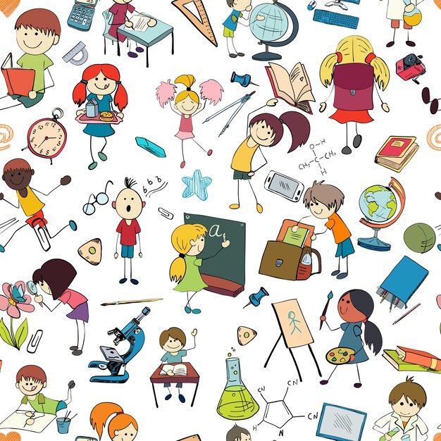 Niños de dibujo y la escritura fórmulas en la pizarra con la escuela de accesorios de fondo sin fisuras doodle dibujo patrón ilustración vectorial