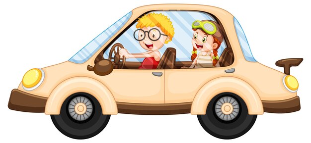 Niños de dibujos animados en un coche aislado