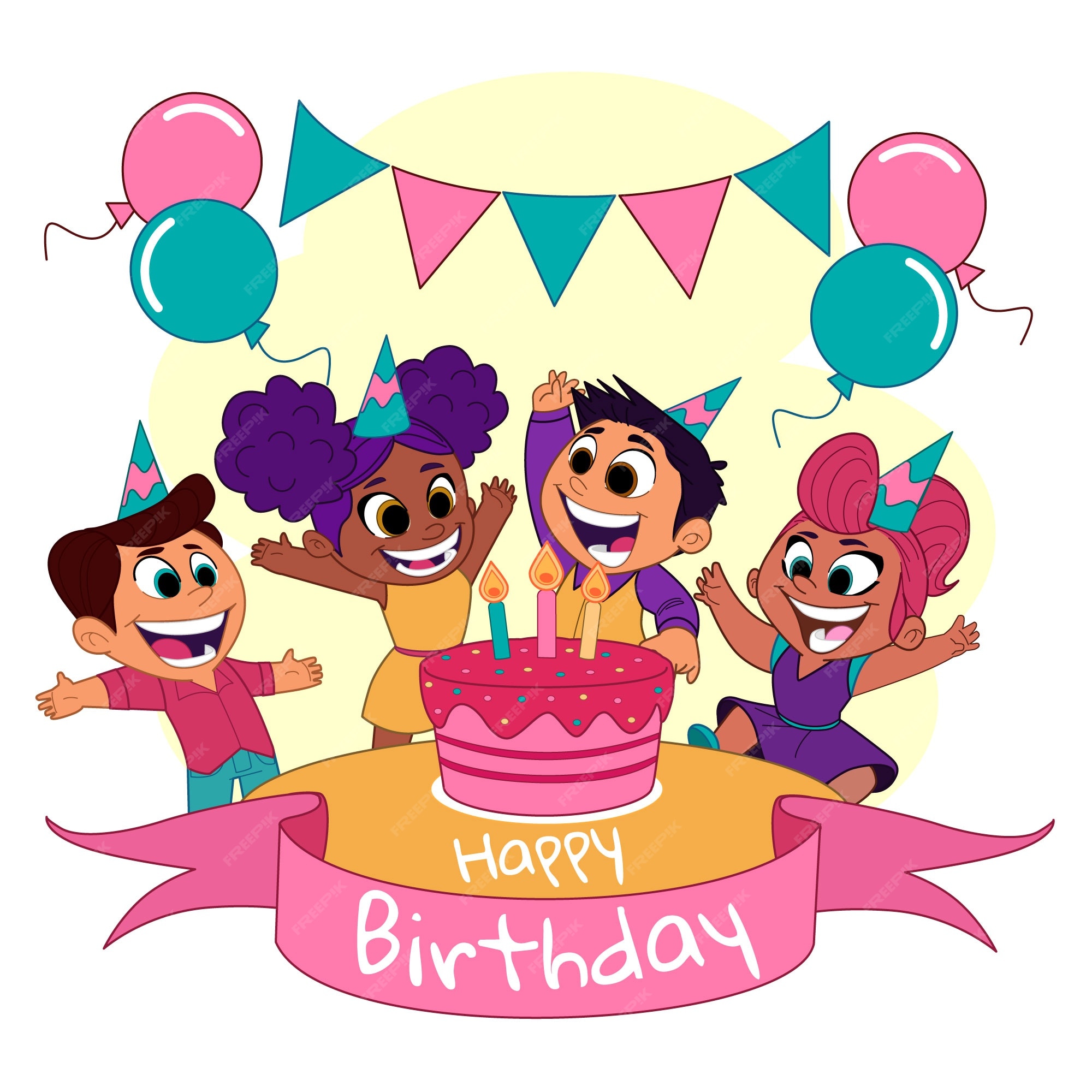 Niños de dibujos animados en una fiesta de cumpleaños | Vector Gratis