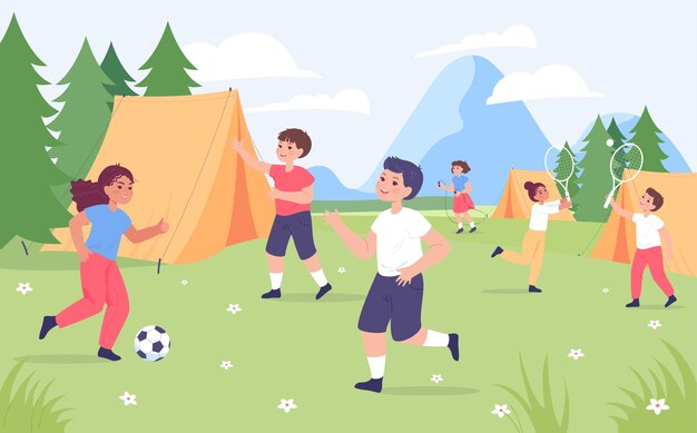 Niños de dibujos animados haciendo diferentes deportes en el campamento de verano. Niños y niñas jugando fútbol y tenis ilustración vectorial plana. Estilo de vida saludable, camping, concepto deportivo para banner o página web de destino