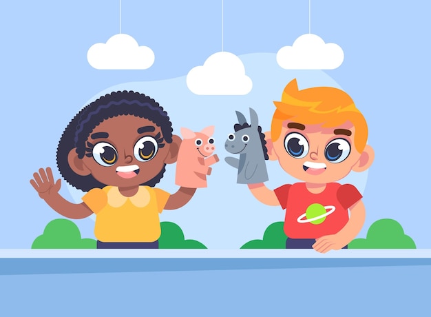 Vector gratuito niños de dibujos animados jugando con marionetas de mano juntos