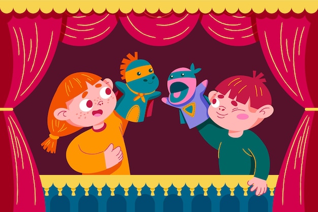 Vector gratuito niños de dibujos animados jugando con marionetas de mano