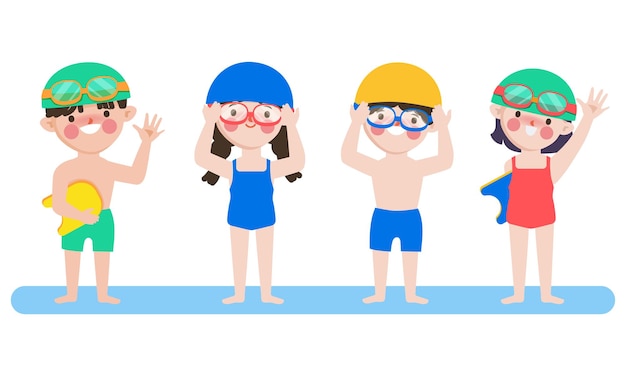 Vector gratuito los niños de dibujos animados lindos dibujados a mano se preparan para nadar