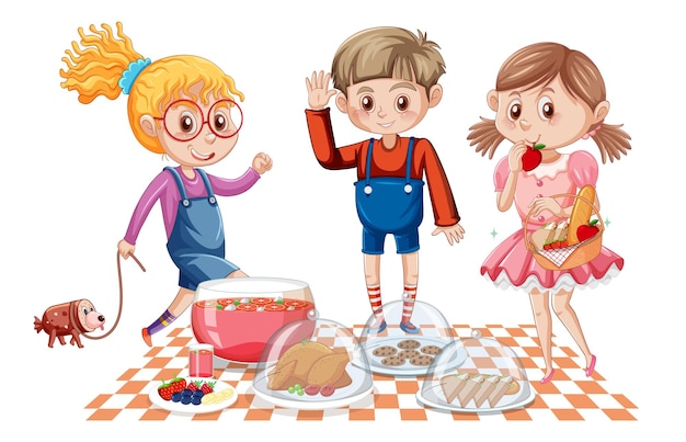 Vector gratuito niños con dibujos animados de picnic