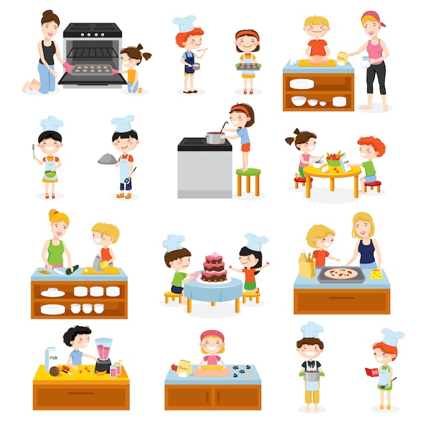 Los niños de dibujos animados que cocinan el juego con los niños y los adultos, los equipos de muebles de cocina y las imágenes de alimentos vector ilustración