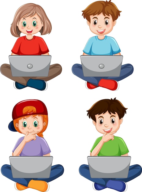 Vector gratuito niños de dibujos animados que usan computadoras portátiles para el aprendizaje en línea