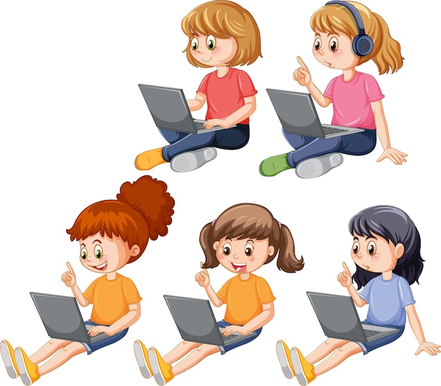 Niños de dibujos animados que usan computadoras portátiles para el aprendizaje en línea