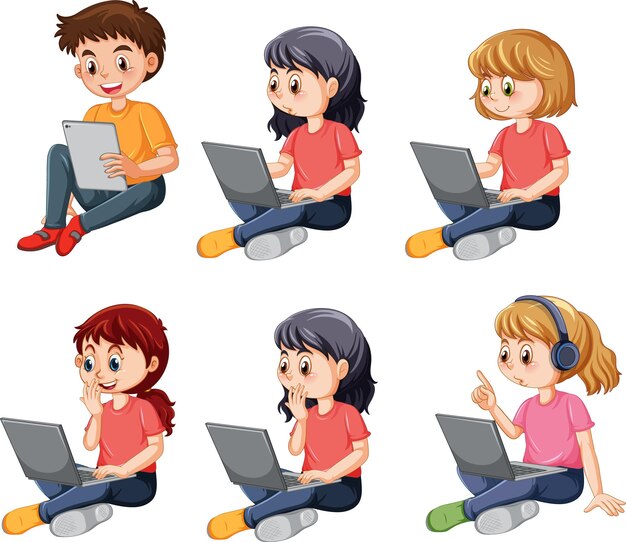 Niños de dibujos animados que usan computadoras portátiles para el aprendizaje en línea