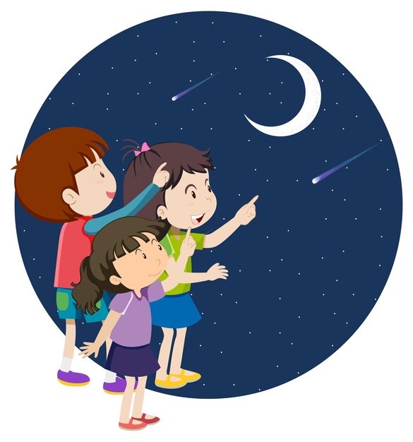 Niños de dibujos animados señalando con el dedo a la luna
