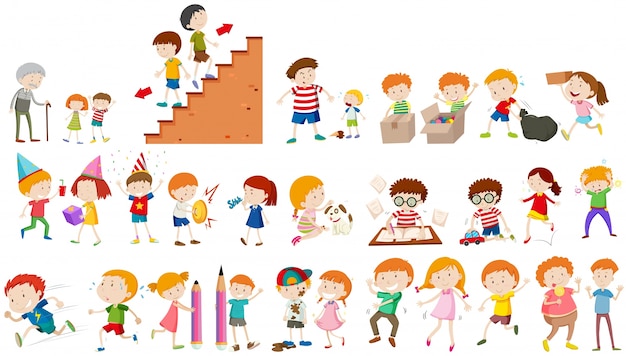 Niños, diferente, actividades, ilustración