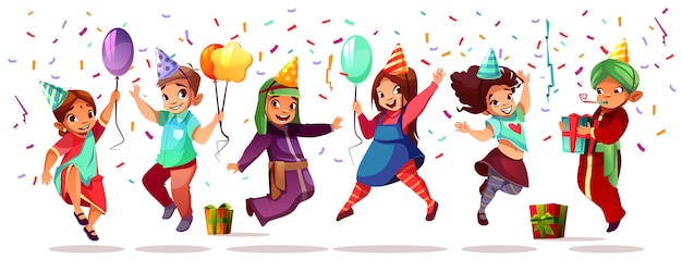 Niños de diferente nacionalidad celebrando cumpleaños o vacaciones con globos de colores.
