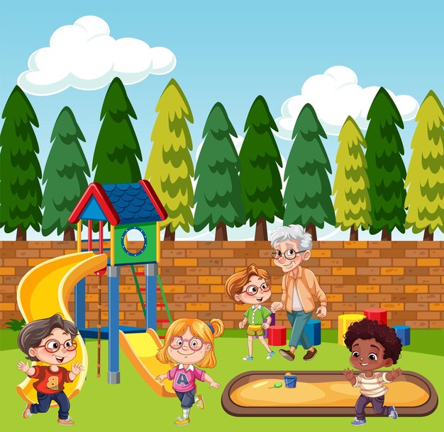 Niños de diferentes razas jugando en el patio de recreo