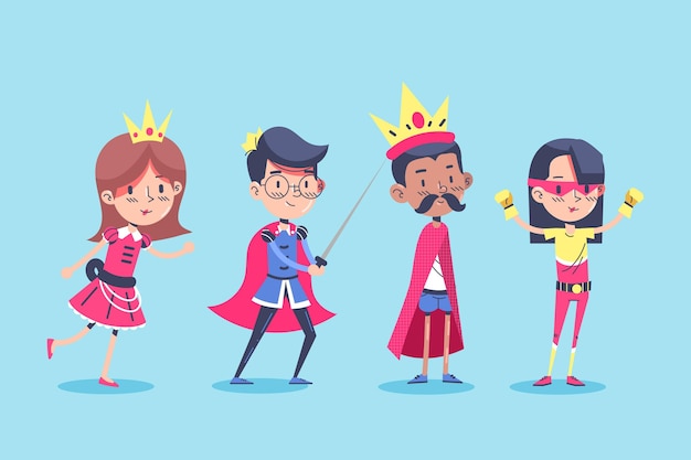 Vector gratuito niños con disfraces de carnaval de superhéroe.