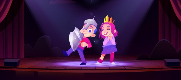 Los niños disfrazados de princesa y caballero actúan en el escenario del teatro. Ilustración de dibujos animados vector de actores de niños lindos, niña con corona de oro y niño con armadura con espada y escudo