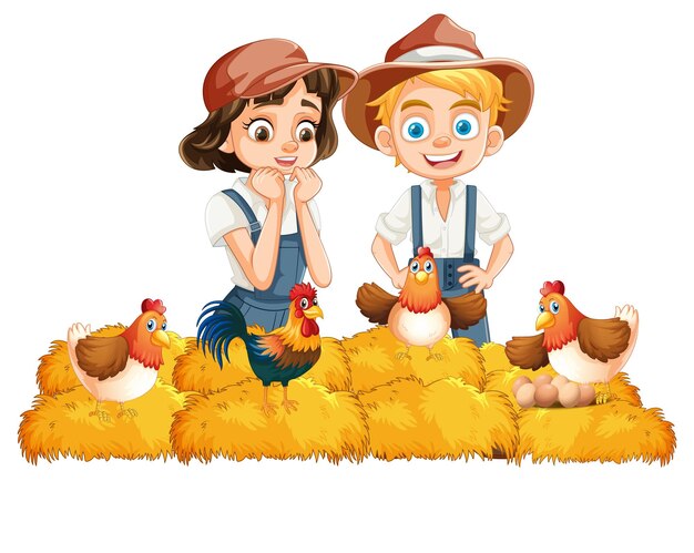 Niños disfrutando de la vida en la granja con los pollos