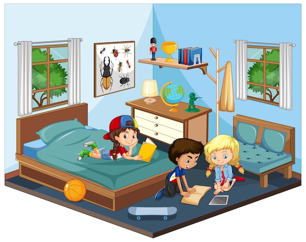 Vector gratuito niños en el dormitorio en escena temática azul sobre fondo blanco.